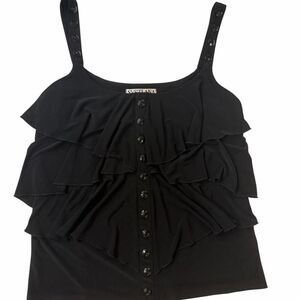 Svetlana black ruffle tank top with button detail